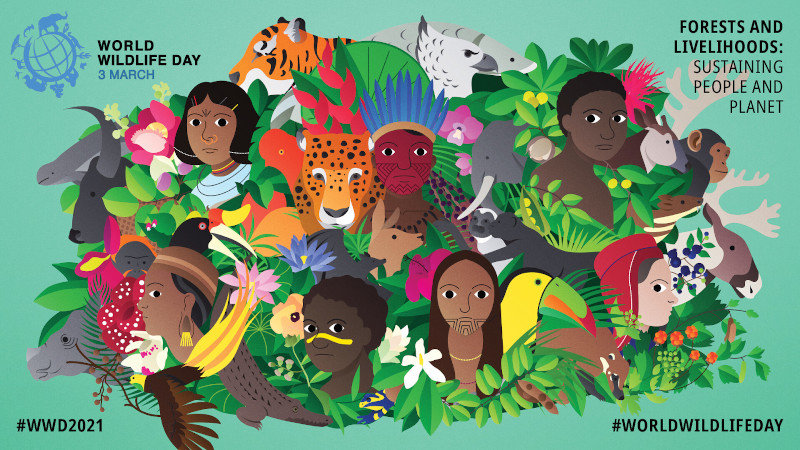 World Wildlife Day 2021 poster by Gabe Wong - Illustration of Indigenous people, plants, and animals from different cultures